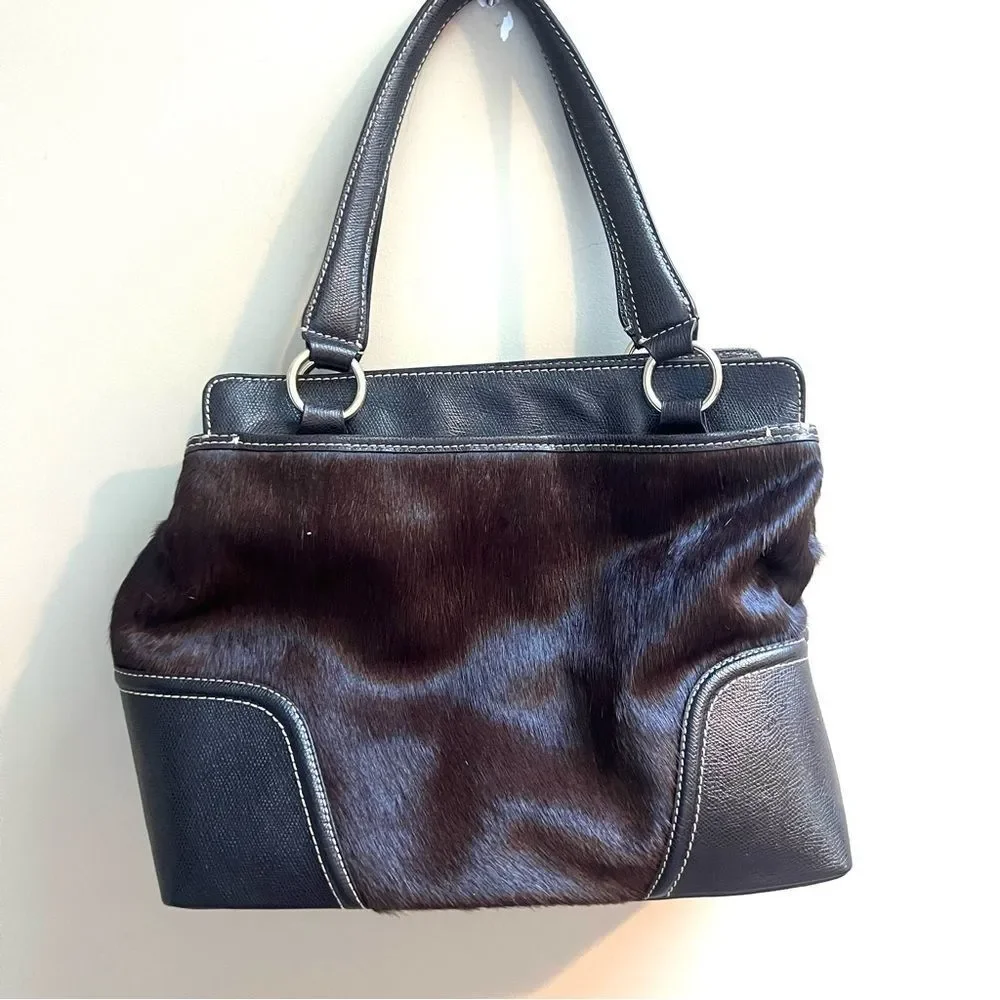 Talbots vintage leather and Haircalf Top-Handle Satchel in Dark Brown